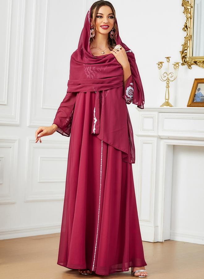 Women Embroidered V Neck Jalabiya with Hijab