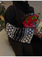 Women's Black Open Front Abaya with Arabic Embroidered Sleeves