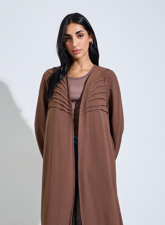 Brown Front Open Pintuck Detail Abaya