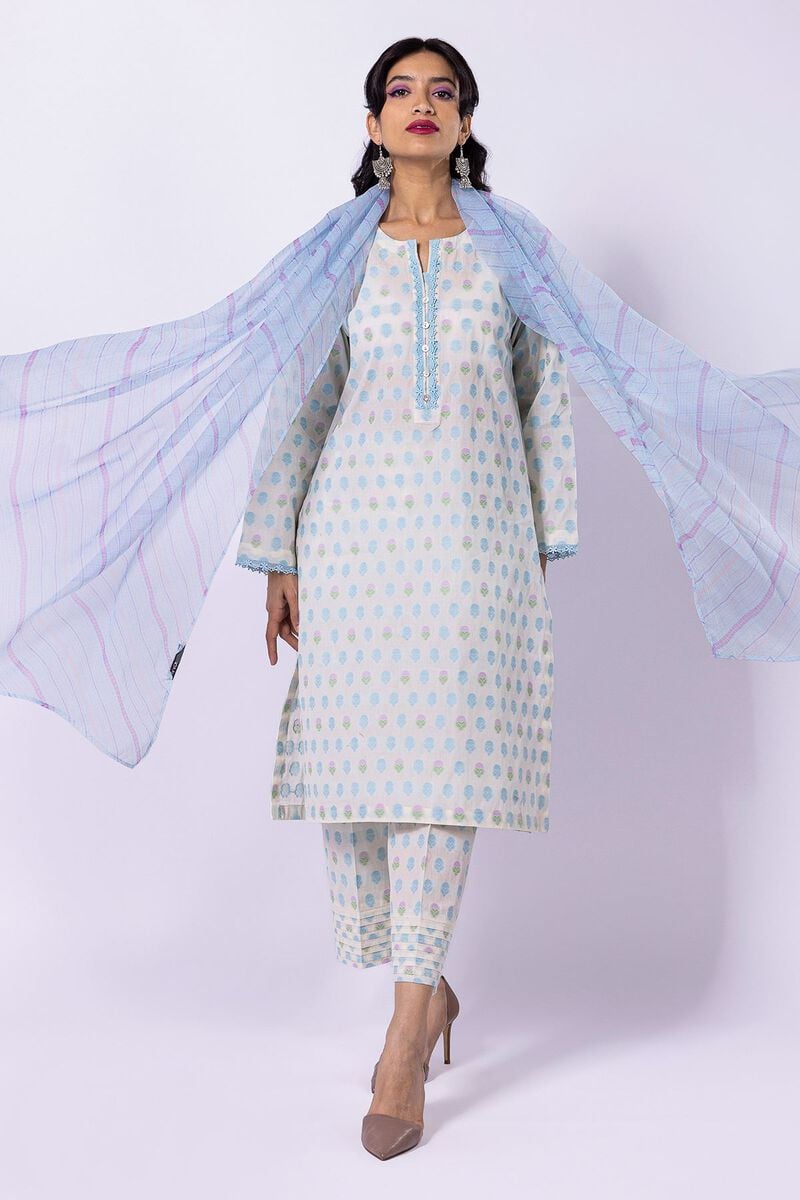 Khaadi Dyed Embroidered Cotton Jacquard | Top Bottoms Dupatta – AJ22303A-White