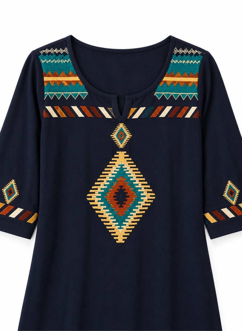 Zecotex Women's Traditional Embroidered Cotton Maxi Dress - 100% Pure Natural Cotton, Breathable Summer Jalabiya in Navy Blue