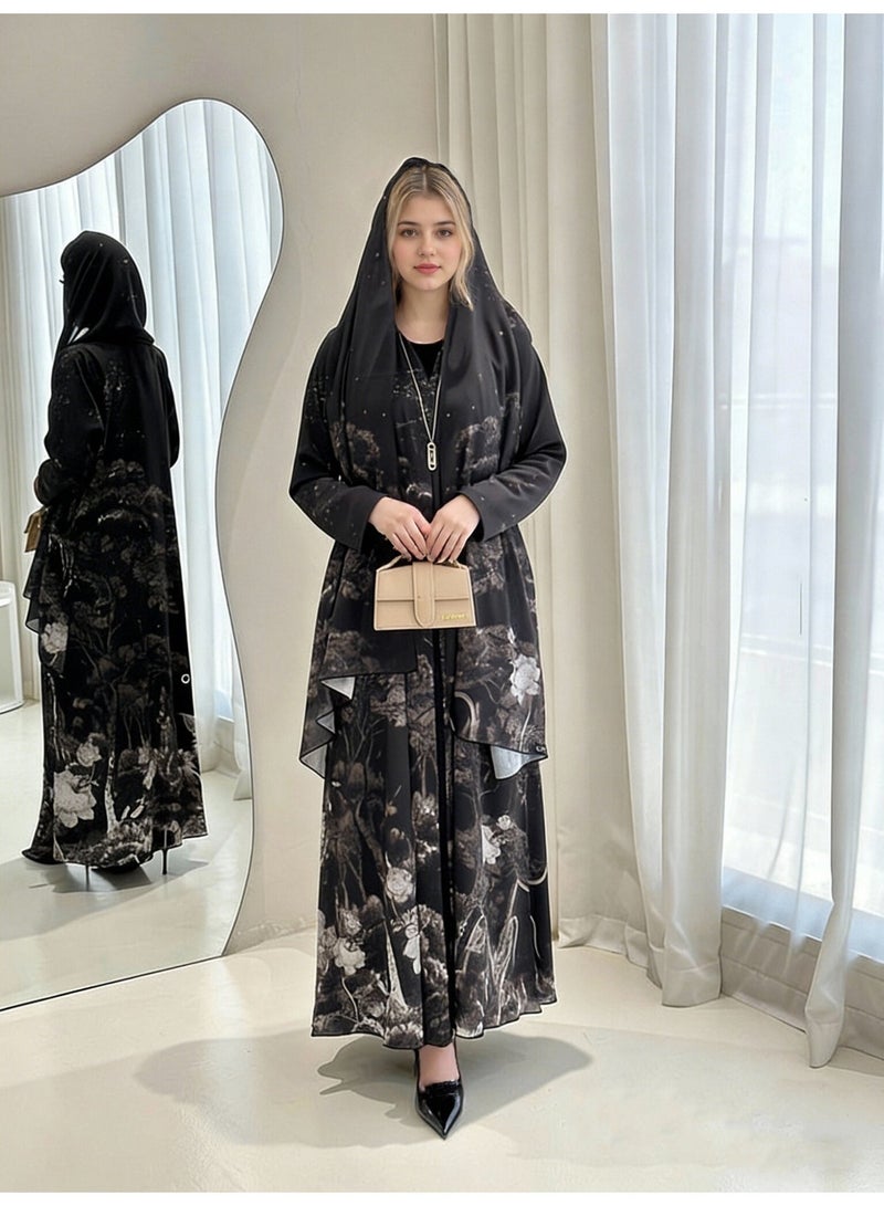 Women's Loose Abaya with Ink Wash Print