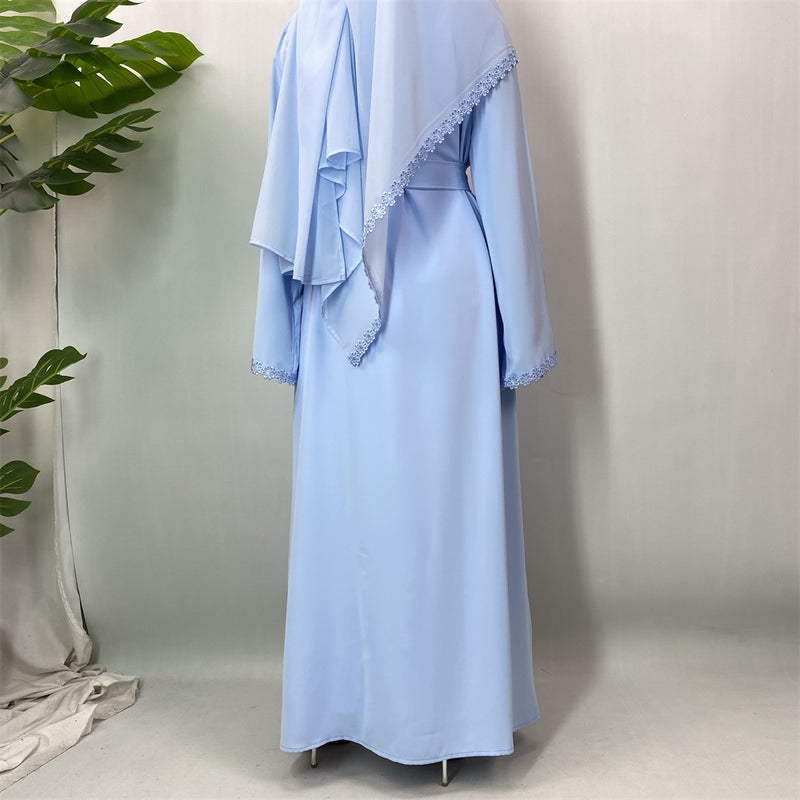 Fashion Elegant Lace Abaya Trimmed Cardigan Robe with Headscarf