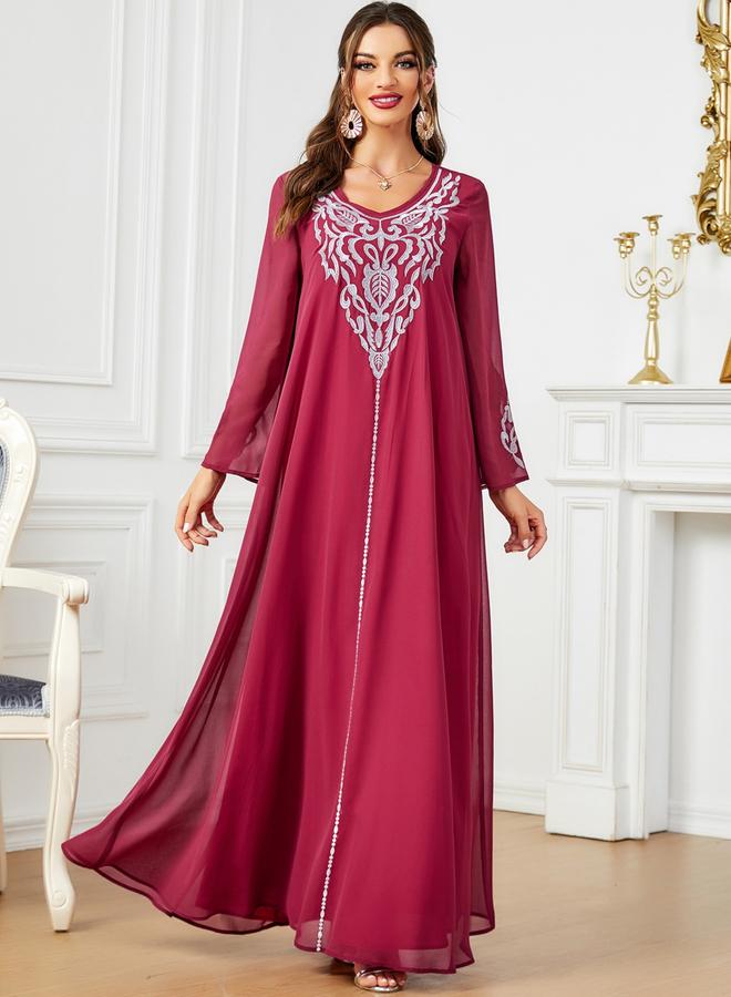Women Embroidered V Neck Jalabiya with Hijab
