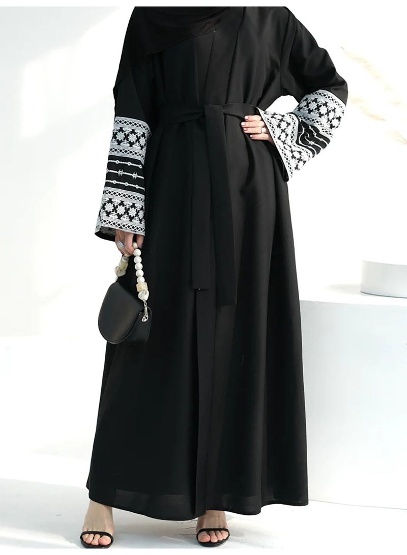 Women's Black Open Front Abaya with Arabic Embroidered Sleeves