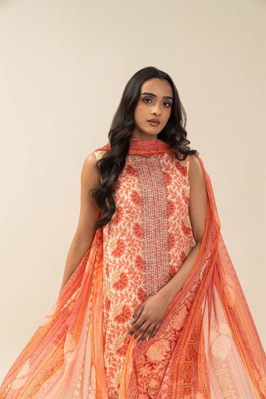 Beechtree Unstitched Embroidered Lawn 3 Piece Suit – CORAL – Summer Collection