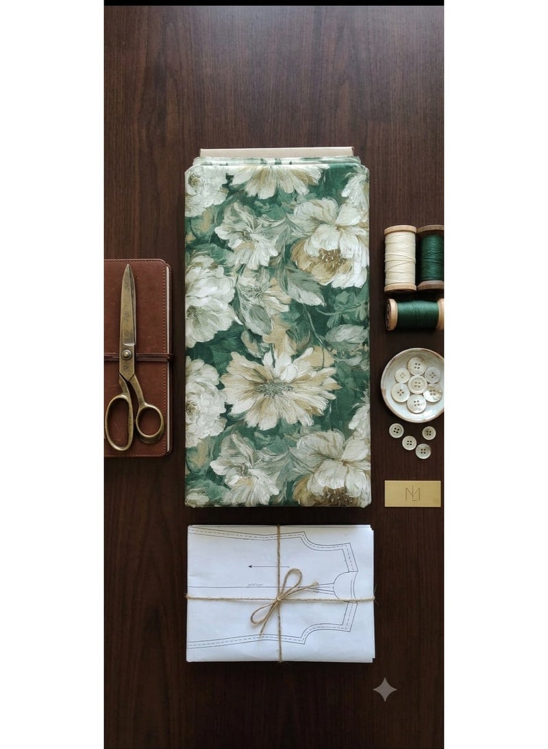 Women Unstitched Fabric for Jalabiya & Kandura – Premium Woven Jacquard Sage Floral Arabic Dress Material