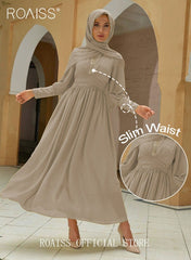 Ladies Dress Solid Color Chiffon Waist Puff Sleeve Long Sleeve Crew Neck High-Rise Abaya Maxi Dress for Ladies