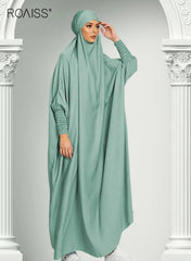 Women One Piece Full Coverage Abaya with Attached Hijab, Solid Loose Batwing Sleeve Muslim Prayer Dress, Soft Flowy Modest Kaftan Robe, ASuitable for Daily