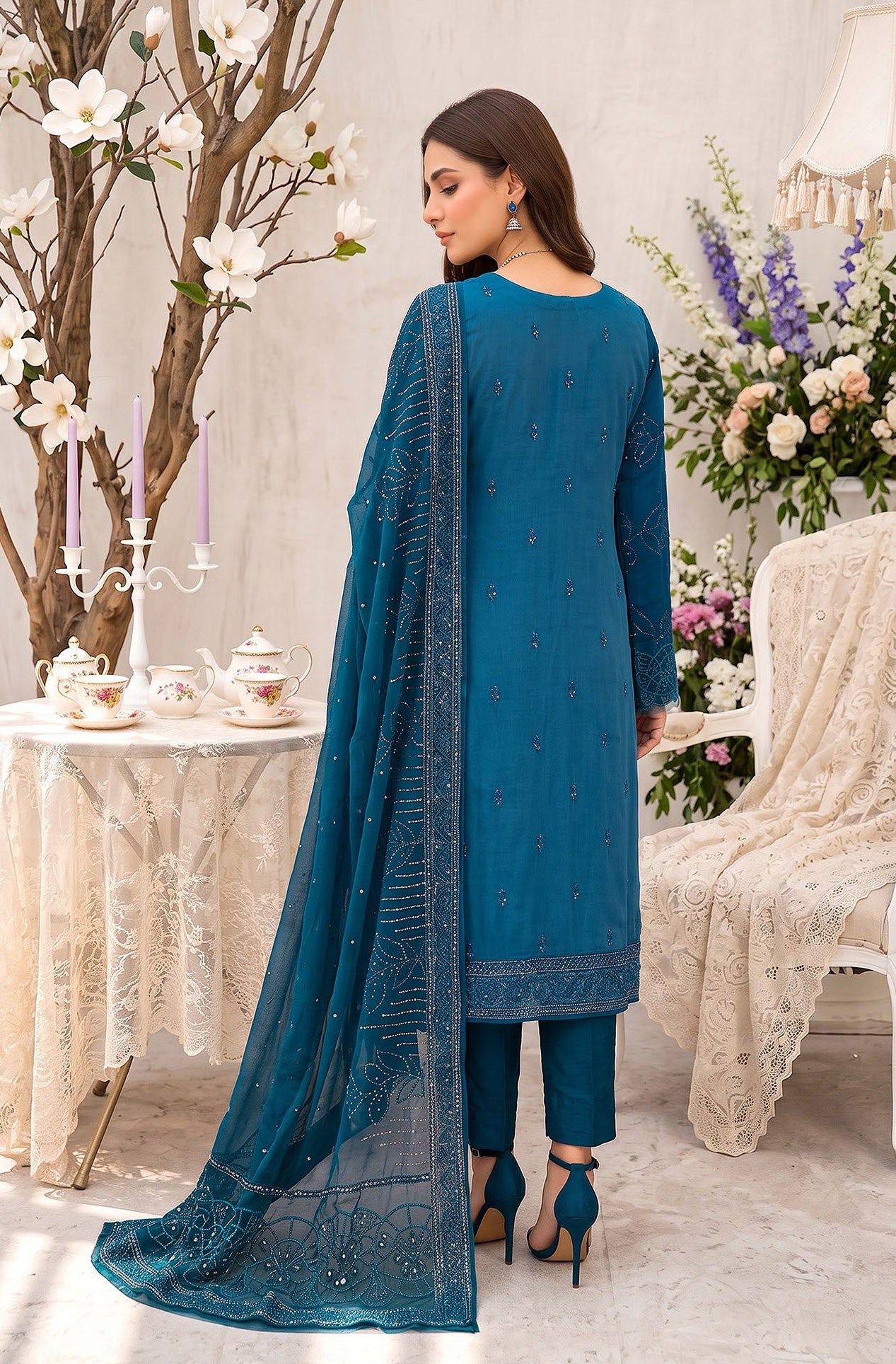 Merakish – Almas By Shahzeb Textiles Embroidered Chiffon Suits Unstitched 3 Piece ST26MK-V26- Ocean Whisper