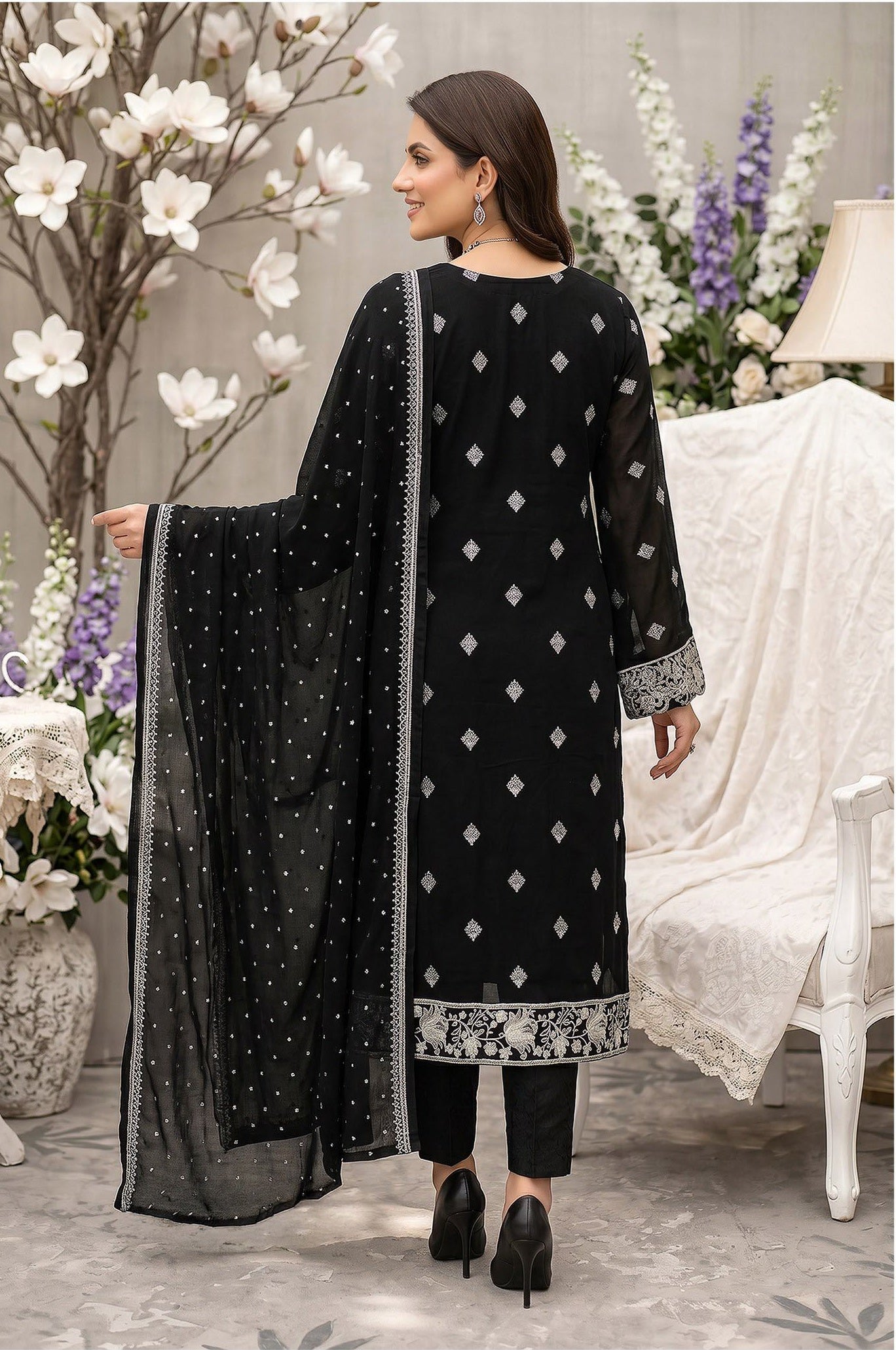 Merakish – Almas By Shahzeb Textiles Embroidered Chiffon Suits Unstitched 3 Piece ST26MK-V26- Aura Of Noir
