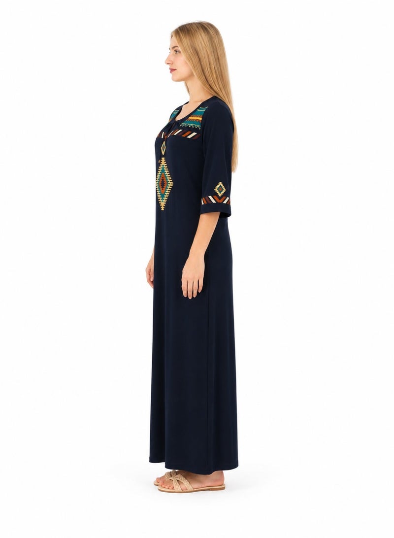Zecotex Women's Traditional Embroidered Cotton Maxi Dress - 100% Pure Natural Cotton, Breathable Summer Jalabiya in Navy Blue
