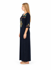 Zecotex Women's Traditional Embroidered Cotton Maxi Dress - 100% Pure Natural Cotton, Breathable Summer Jalabiya in Navy Blue
