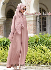 2 Pcs Women's Abaya Robe Dress and Headscarf Set, Solid Color Floral Embroidery Lace Long Sleeves Abaya Traditional Wear, Pink, Suitable for Spring Summer Outfit.