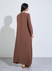 Brown Front Open Pintuck Detail Abaya