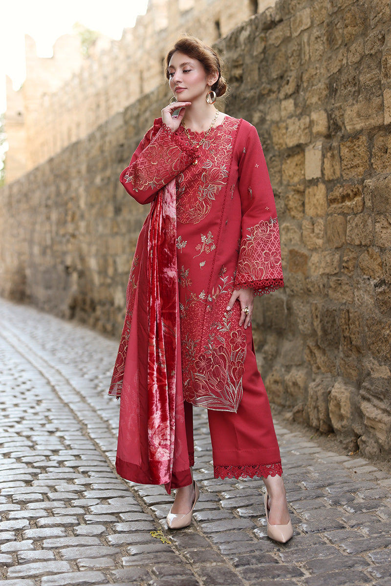 Rang Rasiya Embroidered Karandi Suit With Velvet Plush Shawl Unstitched 3 Piece D-02 Cold Brew – Winter Collection