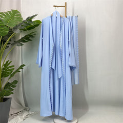 Fashion Elegant Lace Abaya Trimmed Cardigan Robe with Headscarf