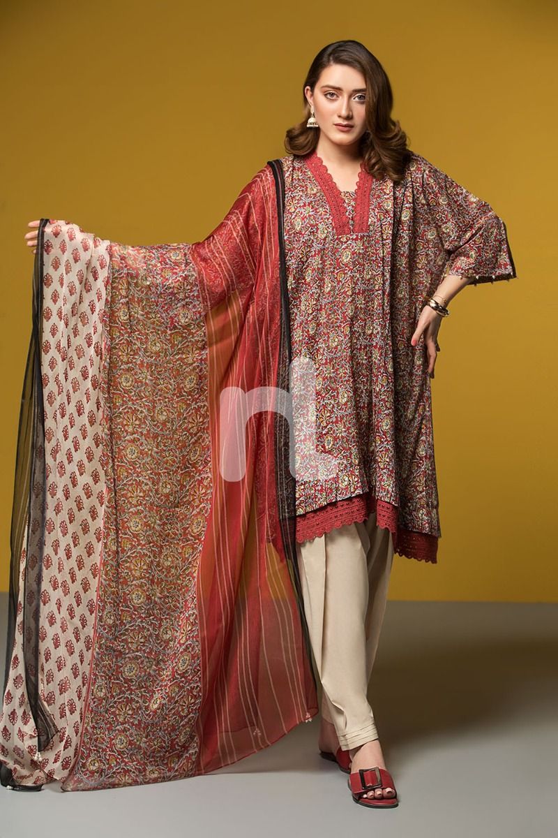 41906067-Lawn &amp; Viscose Krinckle Chiffon– Red Printed 2PC