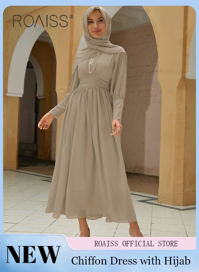 Ladies Dress Solid Color Chiffon Waist Puff Sleeve Long Sleeve Crew Neck High-Rise Abaya Maxi Dress for Ladies