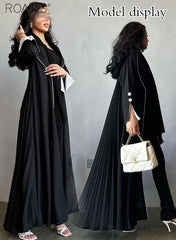 Fashionable Elegant Cardigan Abaya for Women Lapel Long Sleeve Back Pleated Muslim Cardigan Coat Women's Daily Commuting Formal Occasions Long Skirt Coat Black