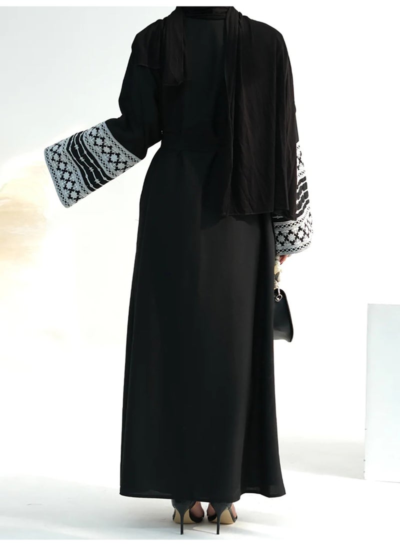 Women's Black Open Front Abaya with Arabic Embroidered Sleeves