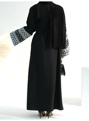 Women's Black Open Front Abaya with Arabic Embroidered Sleeves