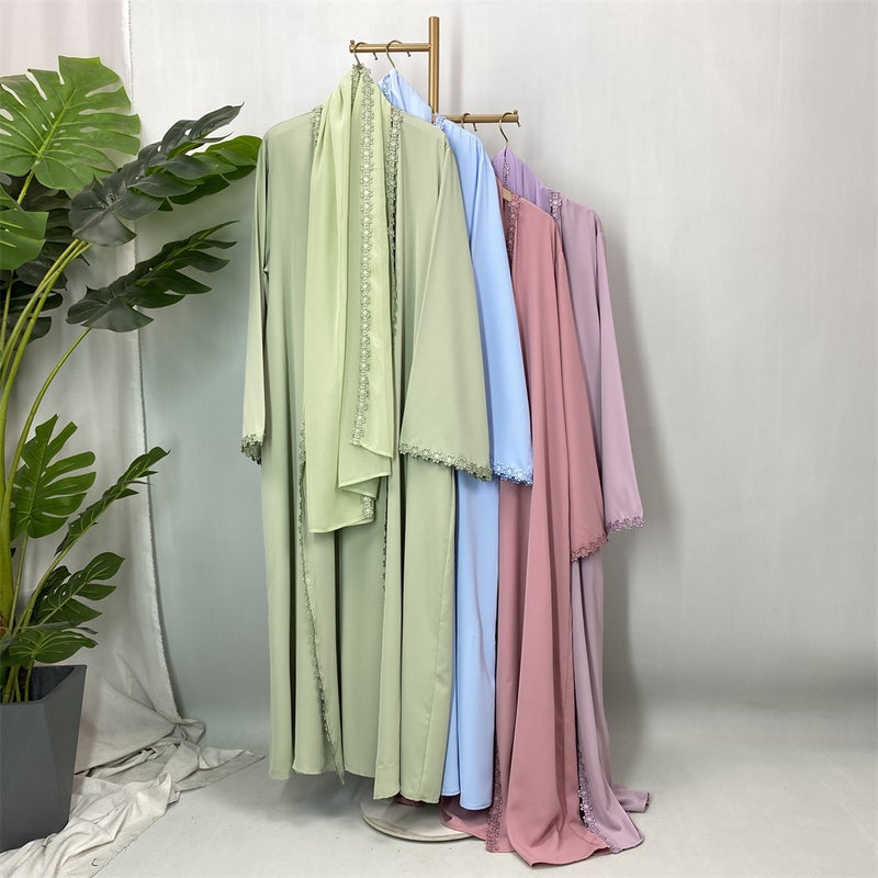 Fashion Elegant Lace Abaya Trimmed Cardigan Robe with Headscarf