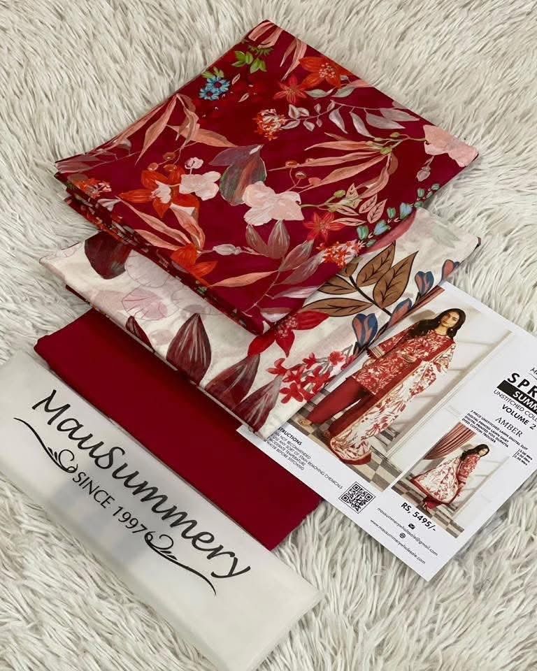 Mausummery Luxury Printed Lawn Unstitched 3 Piece Suit – MUSV2L3 – Amber – Summer Collection