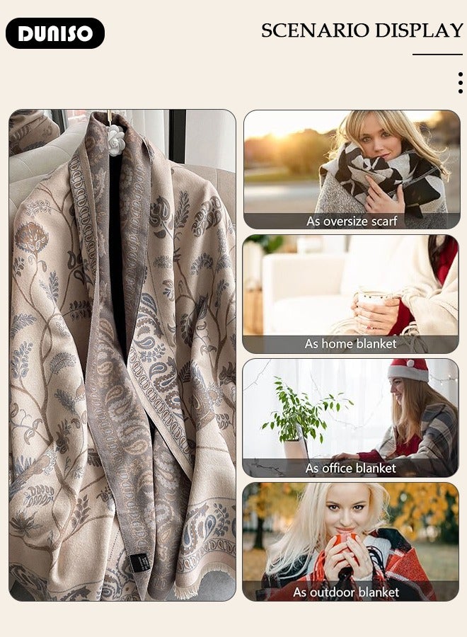 Two Tone Womens Shawl Wraps, 60 * 185cm Cashmere Shawl, Scarf Wrap for Evening Dress, Winter Thick Warm Knitted Scarf Blanket, Front-Open Poncho Cape for Traveling, Wedding Party, Home, Office