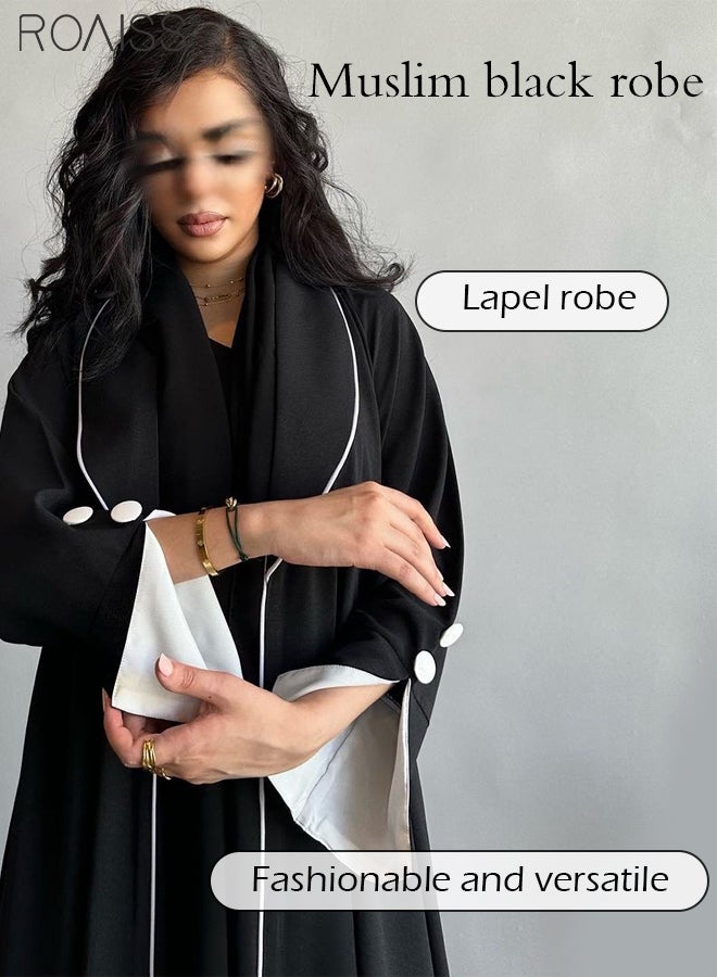 Fashionable Elegant Cardigan Abaya for Women Lapel Long Sleeve Back Pleated Muslim Cardigan Coat Women's Daily Commuting Formal Occasions Long Skirt Coat Black