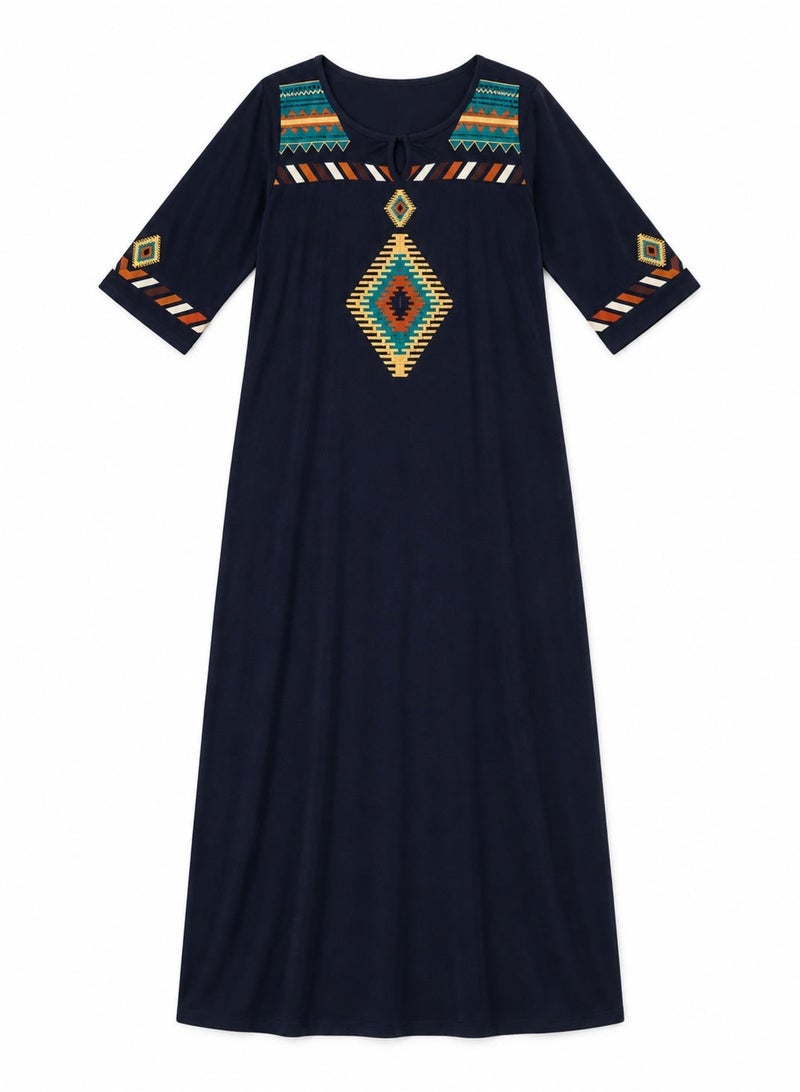 Zecotex Women's Traditional Embroidered Cotton Maxi Dress - 100% Pure Natural Cotton, Breathable Summer Jalabiya in Navy Blue