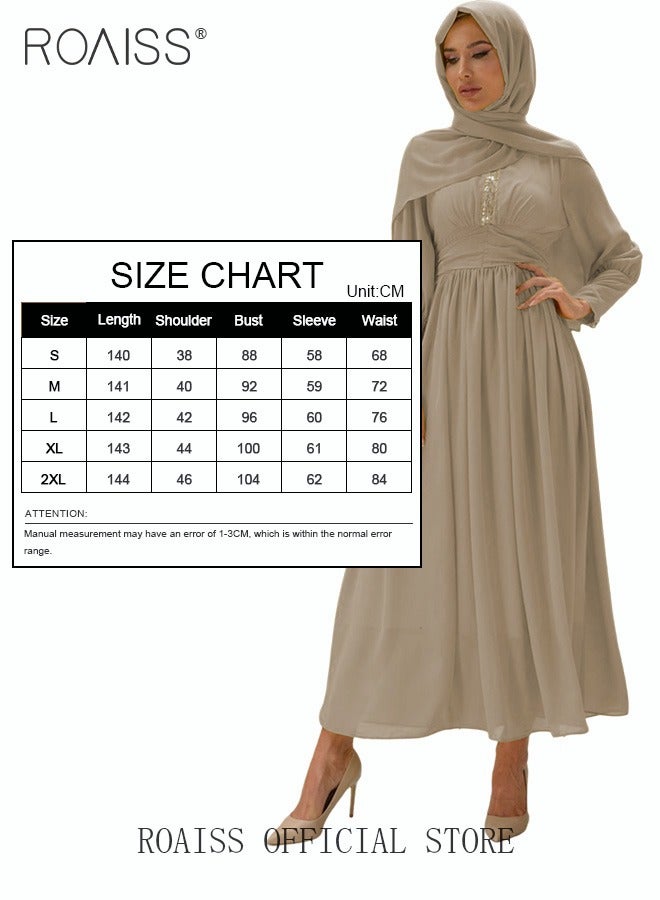 Ladies Dress Solid Color Chiffon Waist Puff Sleeve Long Sleeve Crew Neck High-Rise Abaya Maxi Dress for Ladies