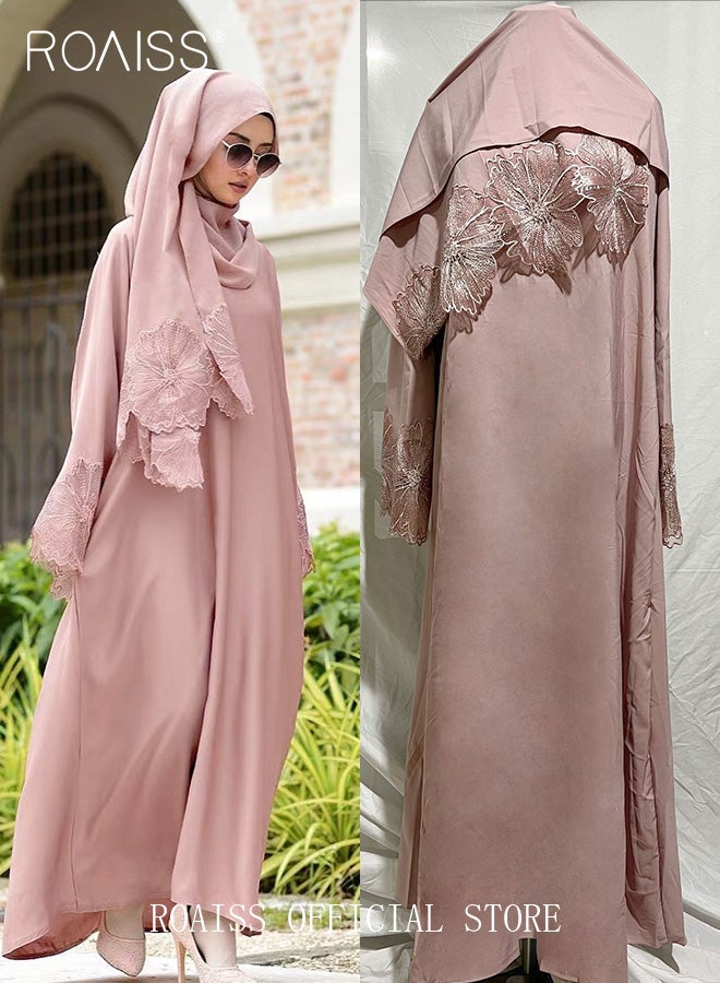 2 Pcs Women's Abaya Robe Dress and Headscarf Set, Solid Color Floral Embroidery Lace Long Sleeves Abaya Traditional Wear, Pink, Suitable for Spring Summer Outfit.