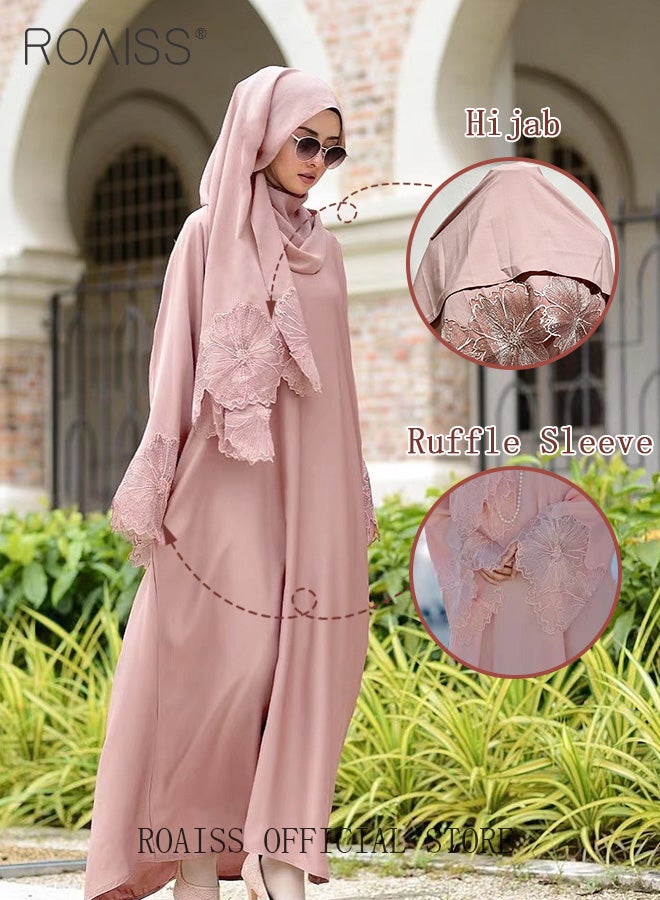 2 Pcs Women's Abaya Robe Dress and Headscarf Set, Solid Color Floral Embroidery Lace Long Sleeves Abaya Traditional Wear, Pink, Suitable for Spring Summer Outfit.