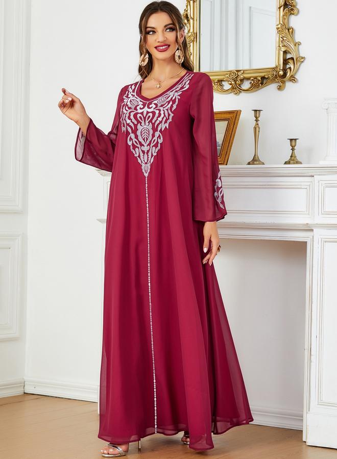 Women Embroidered V Neck Jalabiya with Hijab