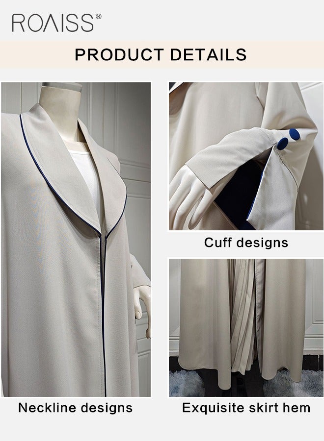 Fashionable Elegant Cardigan Abaya for Women Lapel Long Sleeve Back Pleated Muslim Cardigan Coat Women's Daily Commuting Formal Occasions Long Skirt Coat Beige