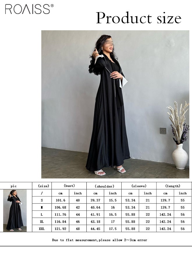 Fashionable Elegant Cardigan Abaya for Women Lapel Long Sleeve Back Pleated Muslim Cardigan Coat Women's Daily Commuting Formal Occasions Long Skirt Coat Black