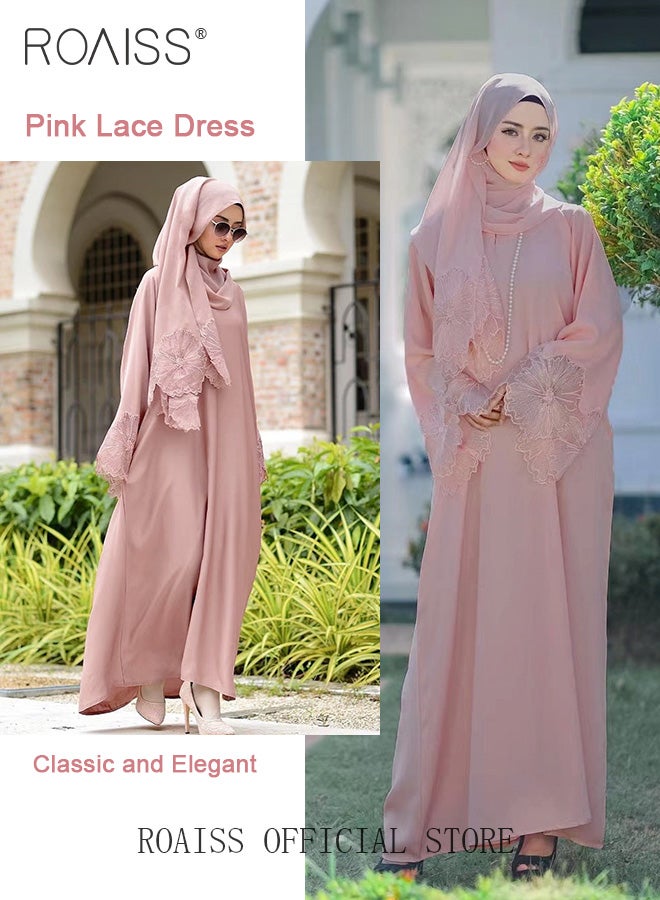 2 Pcs Women's Abaya Robe Dress and Headscarf Set, Solid Color Floral Embroidery Lace Long Sleeves Abaya Traditional Wear, Pink, Suitable for Spring Summer Outfit.