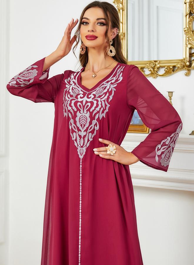 Women Embroidered V Neck Jalabiya with Hijab