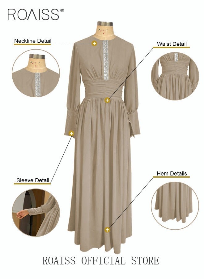 Ladies Dress Solid Color Chiffon Waist Puff Sleeve Long Sleeve Crew Neck High-Rise Abaya Maxi Dress for Ladies