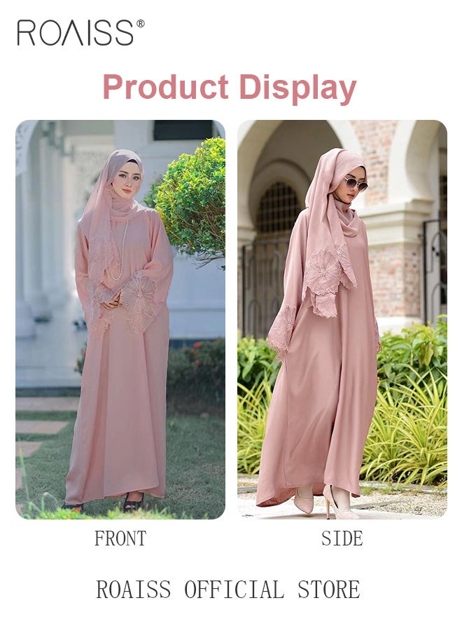 2 Pcs Women's Abaya Robe Dress and Headscarf Set, Solid Color Floral Embroidery Lace Long Sleeves Abaya Traditional Wear, Pink, Suitable for Spring Summer Outfit.